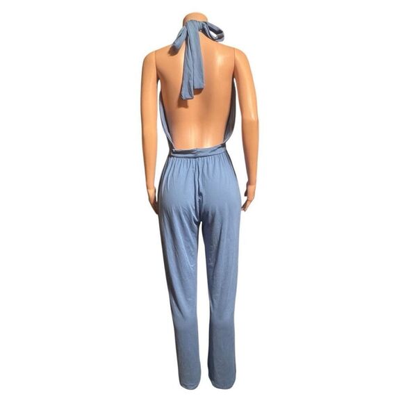 Shein blue plunge halter neck wide leg jumpsuit XL - Picture 5 of 7